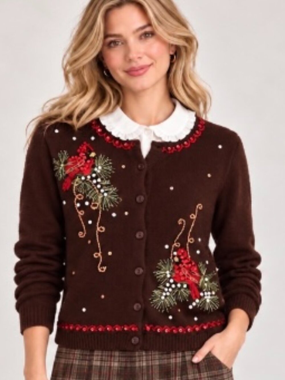 Vintage Tiara Int Christmas collection dark brown cardigan embroidered S Holiday